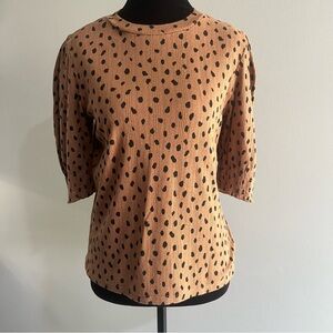Lucky Brand Tan Black Polka Dot Puff Short Sleeve Knit Women's Shirt Top Blouse